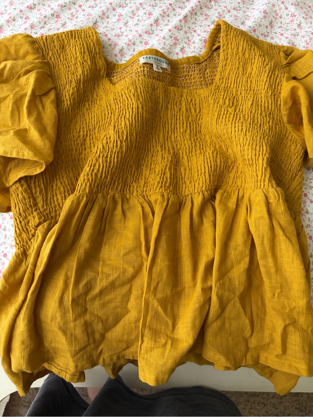 EARTHBOUND Mustard Yellow Smocked Peplum Blouse